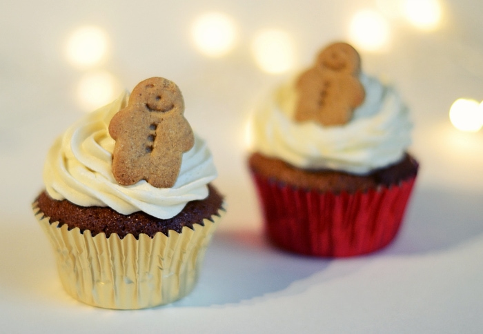 Gingerbread men cupcakes recipe. Gingerbread sponge cakes, topped with a caramel & cinnamon buttercream, finished with a mini gingerbread man.