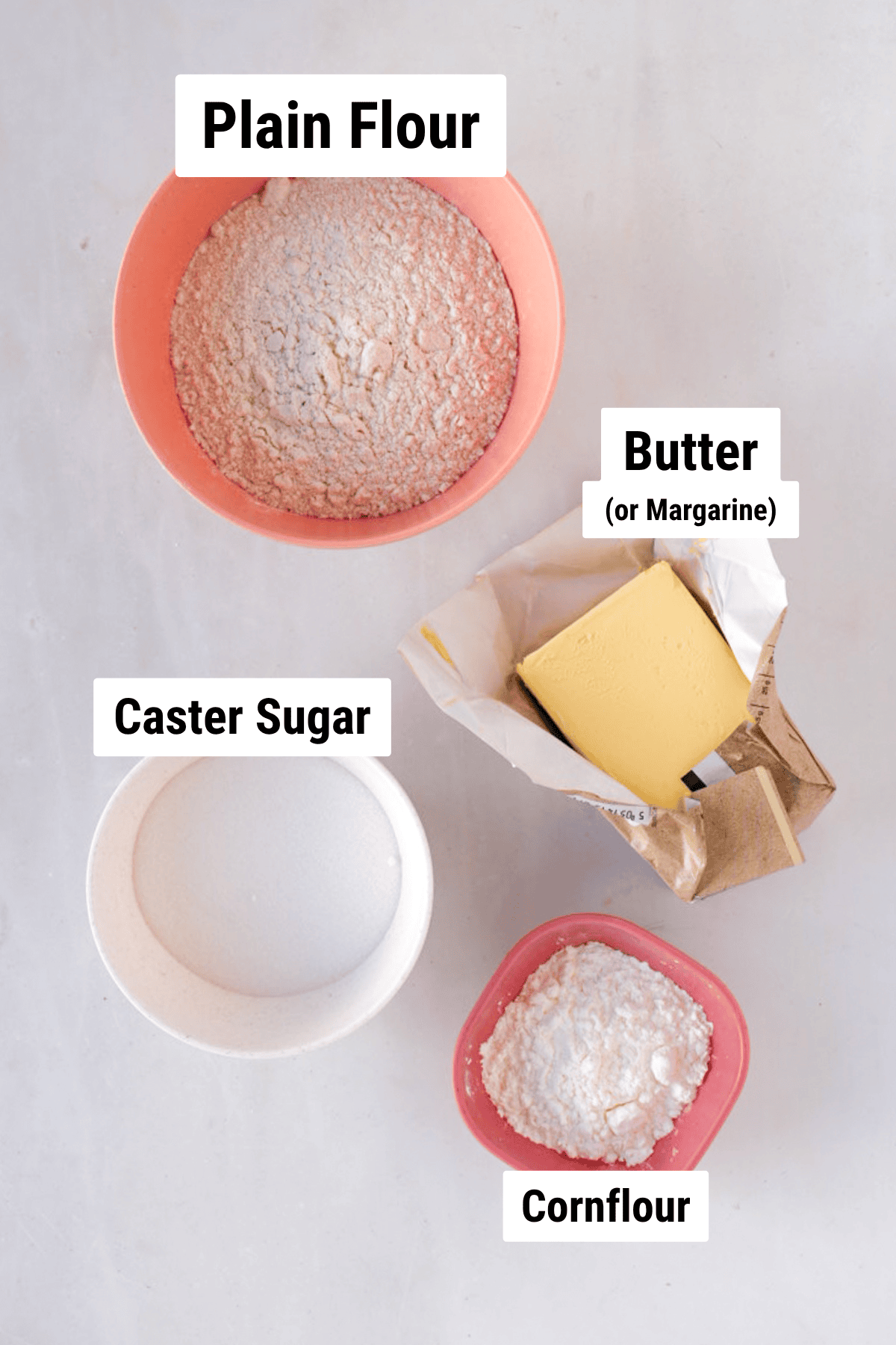 Plain flour, caster sugar, butter and cornflour for Scottish Shortbread.