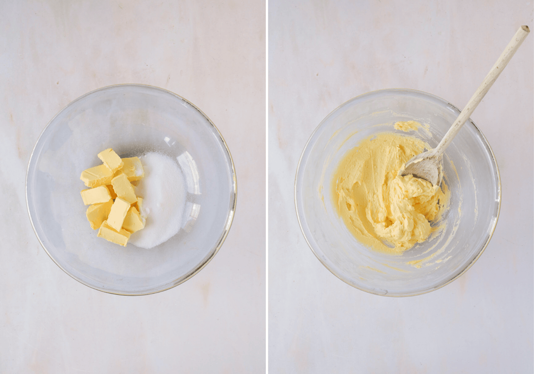 Butter and caster sugar before and after being creamed together in a glass bowl.