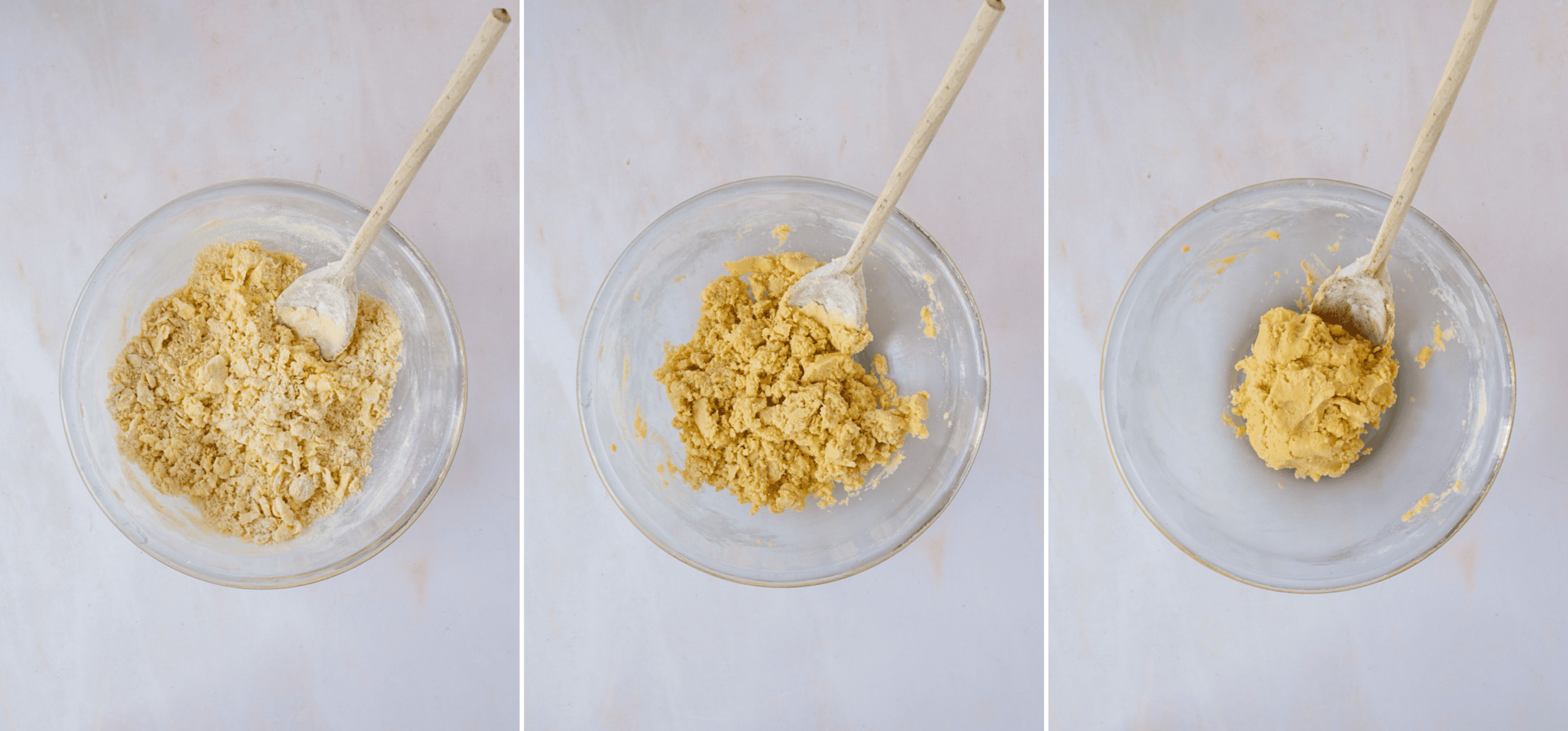 Shortbread mixture shown at three stages, from crumbly mixture to a formed dough.
