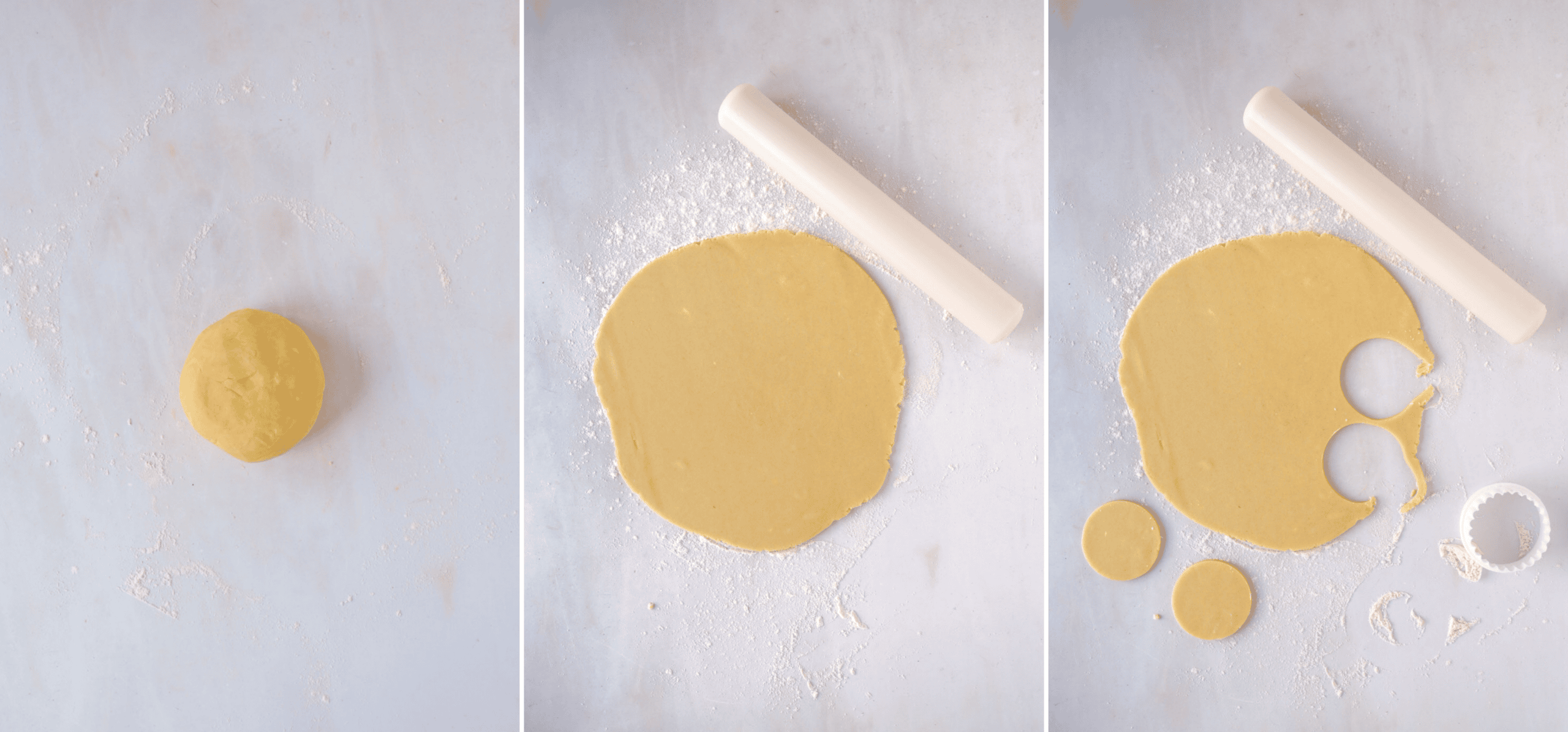Shortbread dough shown as a ball, rolled flat and cut into round biscuits.