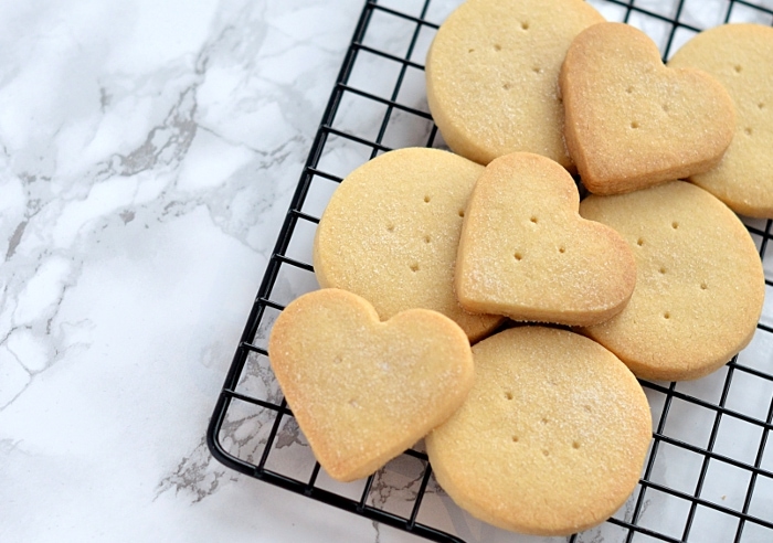 Scottish Shortbread recipe for traditional butter shortbread, cut into circles and love heart biscuits.