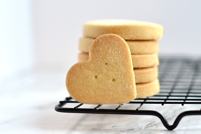 Stack of Scottish Shortbread, with a heart shaped biscuit at the front.