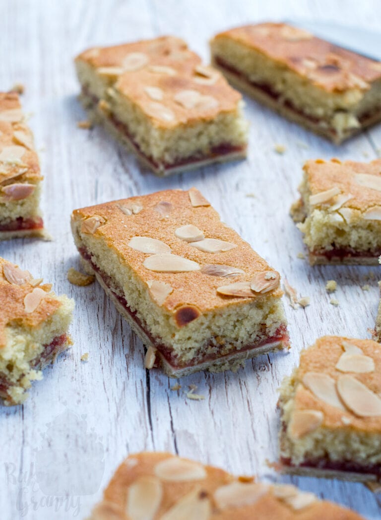 Almond Slice recipe, delicious traybake with a pastry base, jam layer and almond sponge top.