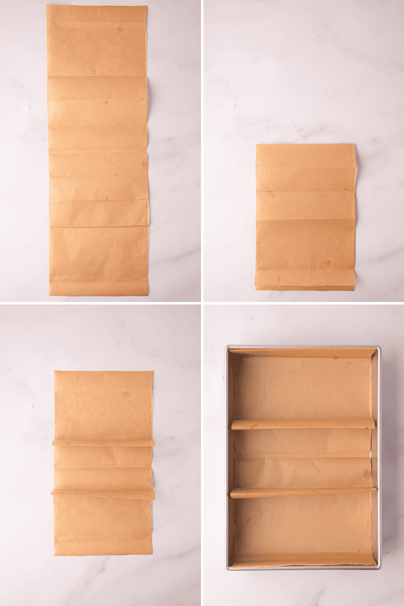 Step-by-step showing how to fold greaseproof paper to divide one baking tin into three sections for British Angel Cake.