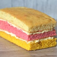 Angel Cake. The classic layer sponge loaf. Pink, yellow and plain, sandwiched together with buttercream.