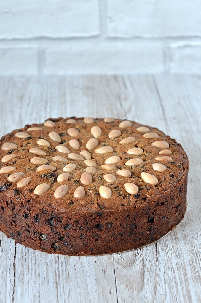 Dundee Cake - Deliciously sweet, Scottish fruit cake. Topped with blanched almonds.