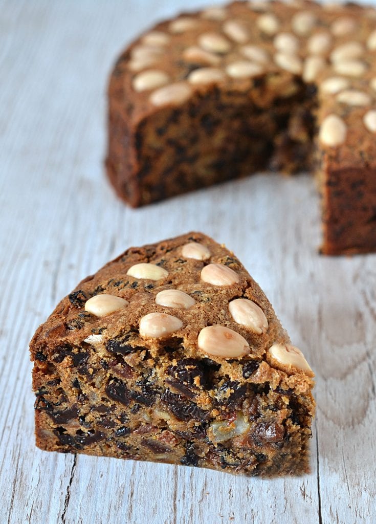 Dundee Cake - Deliciously sweet, Scottish fruit cake. Topped with blanched almonds.