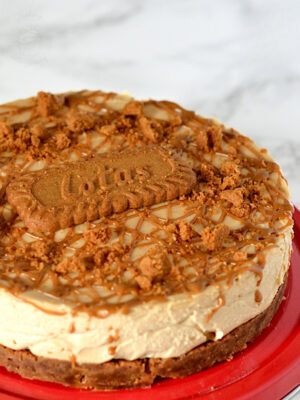Close-up of creamy Biscoff cheesecake with biscuit base, Lotus biscuit on top, and caramelised biscuit crumb decoration.
