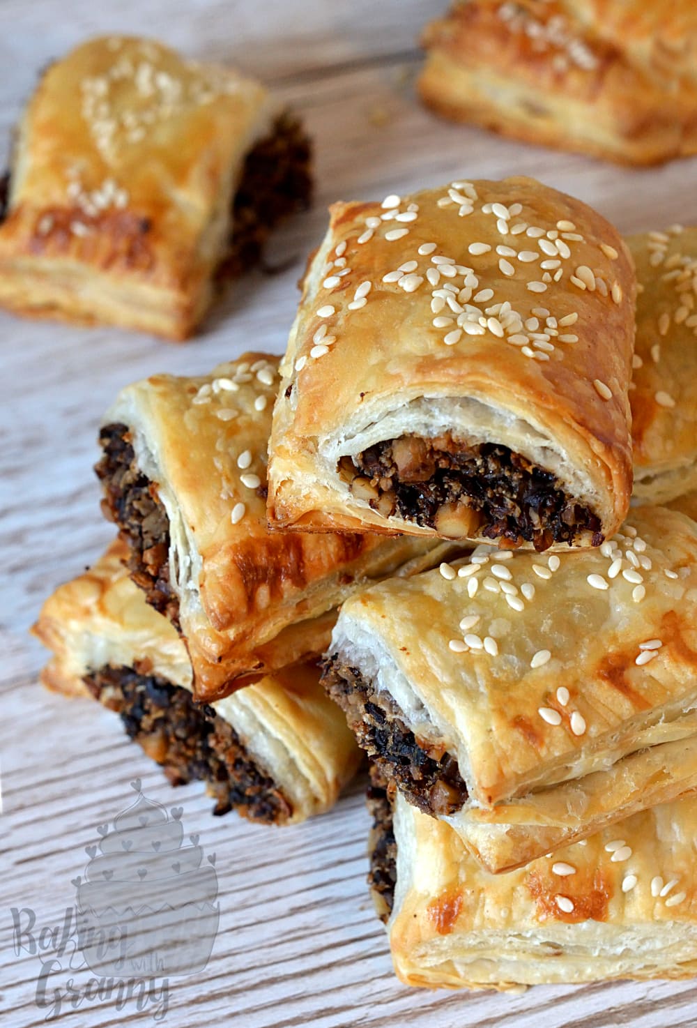 Vegan No-sausage Sausage Rolls recipe from Baking with Granny. Puffed pastry, with seasoned mushroom filling, with a bit of bite from walnuts.
