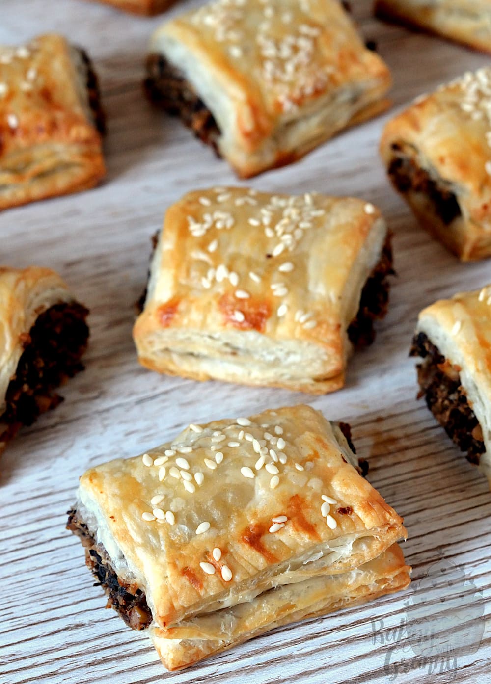 Vegan No-sausage Sausage Rolls recipe from Baking with Granny. Puffed pastry, with seasoned mushroom filling, with a bit of bite from walnuts.
