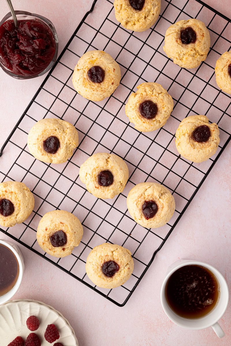 Traditional British raspberry buns with jam centres served for afternoon tea.