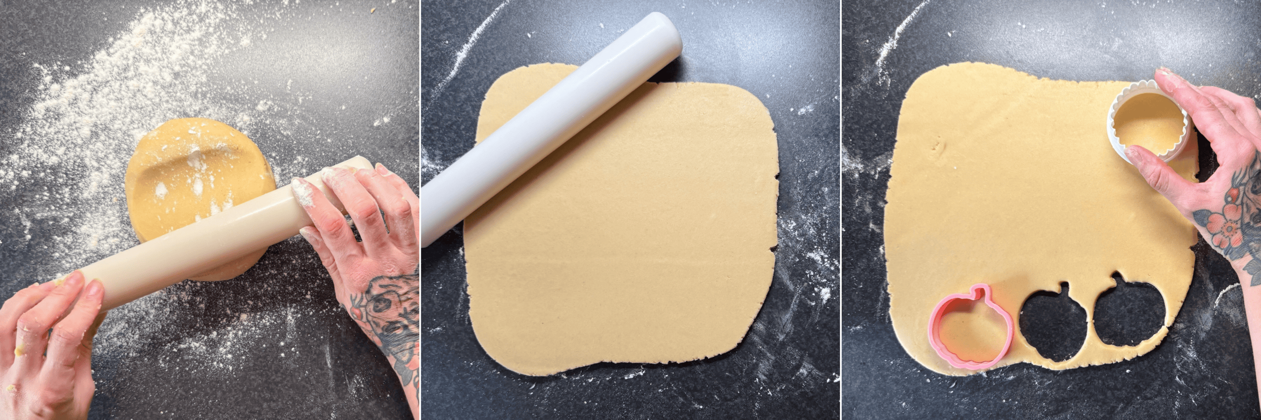 Biscuit dough rolled out and cut with round and pumpkin-shaped cutters.