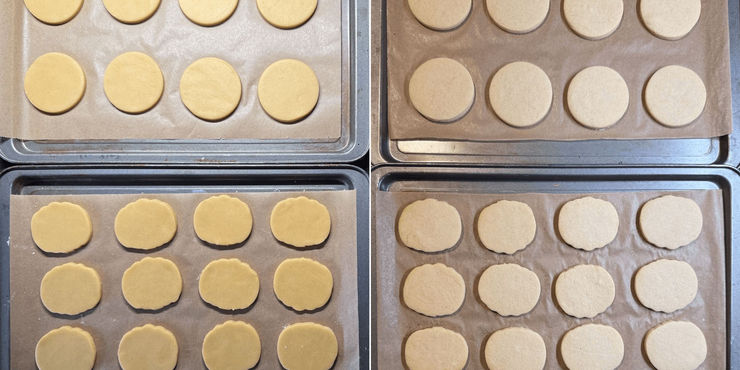 Round and pumpkin-shaped biscuits arranged on lined baking trays before and after baking.