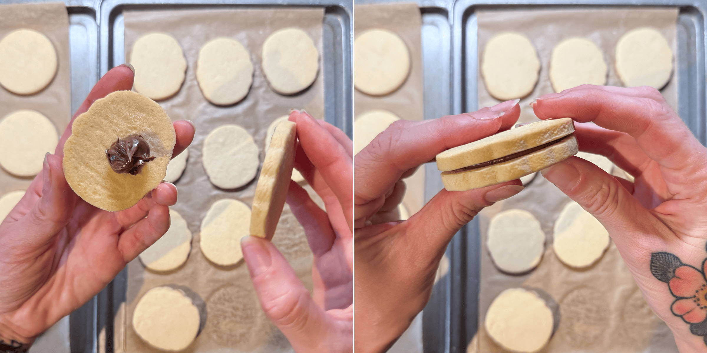 Chocolate spread being added between two baked biscuits to make an Empire Biscuit.