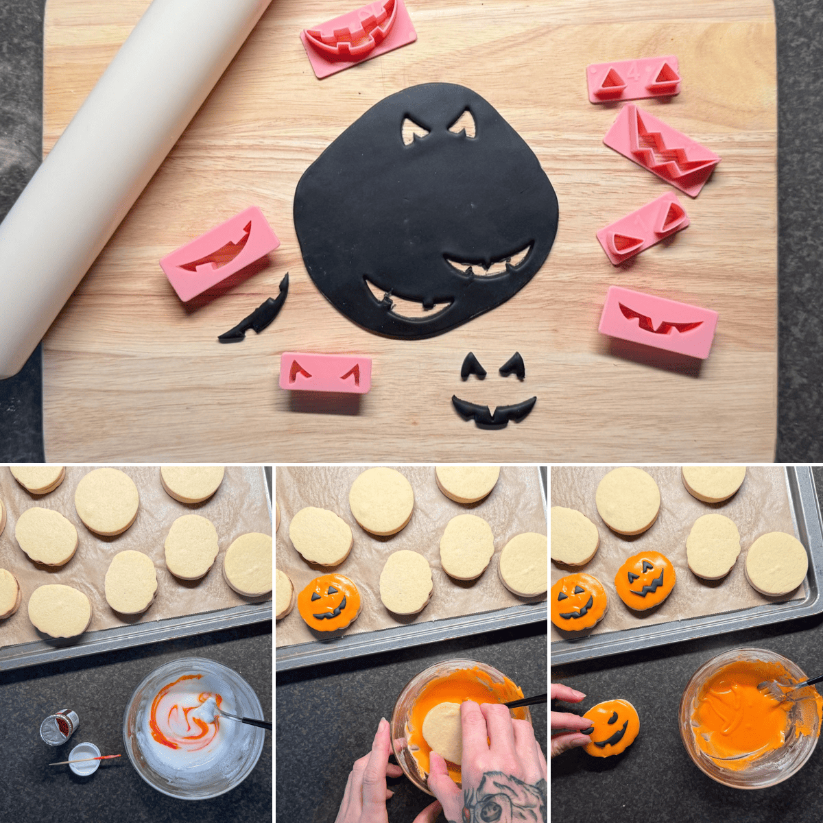 Black fondant pumpkin face pieces and orange icing being added to baked biscuits.