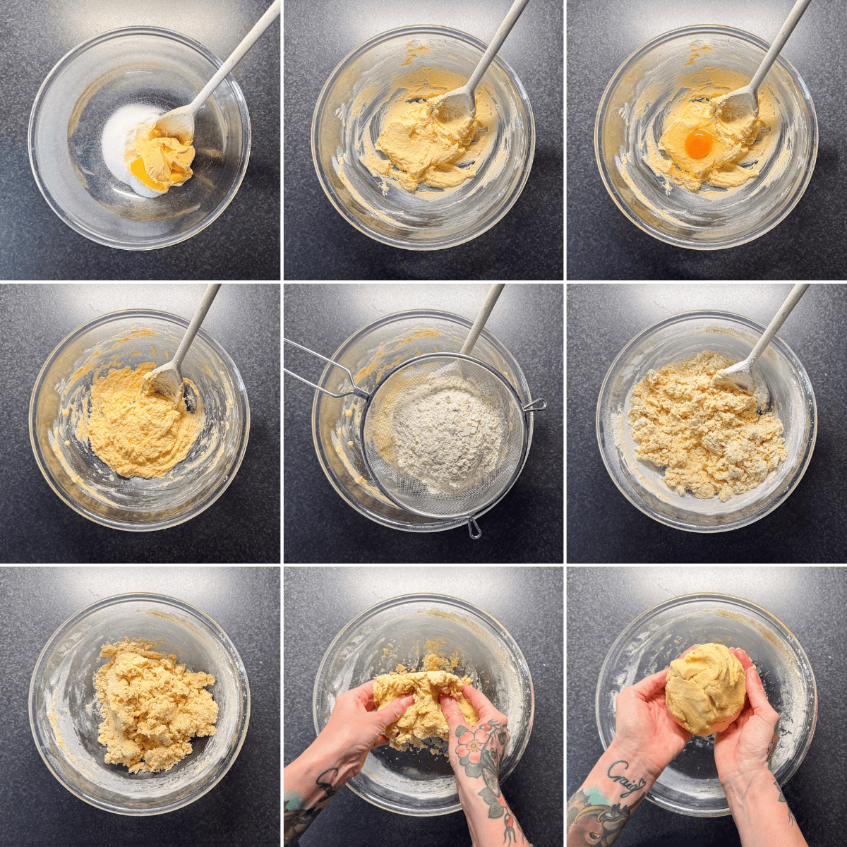Collage showing the biscuit dough being mixed, flour being added and the dough brought together by hand.