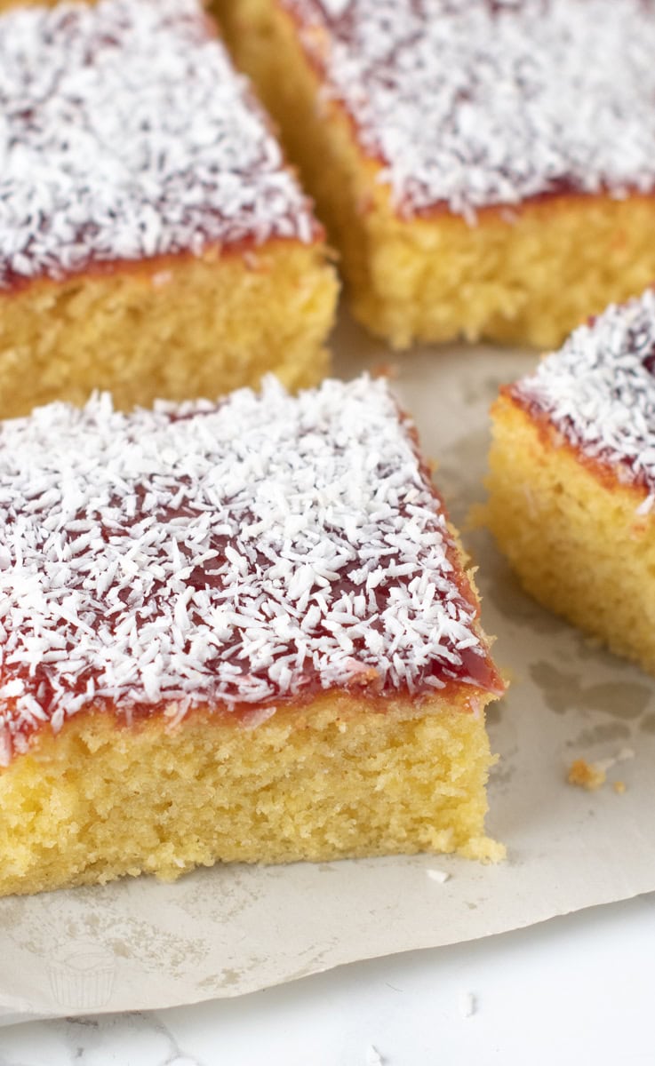 Side view of school dinner style jam and coconut cake slices with fluffy sponge and generous jam topping.