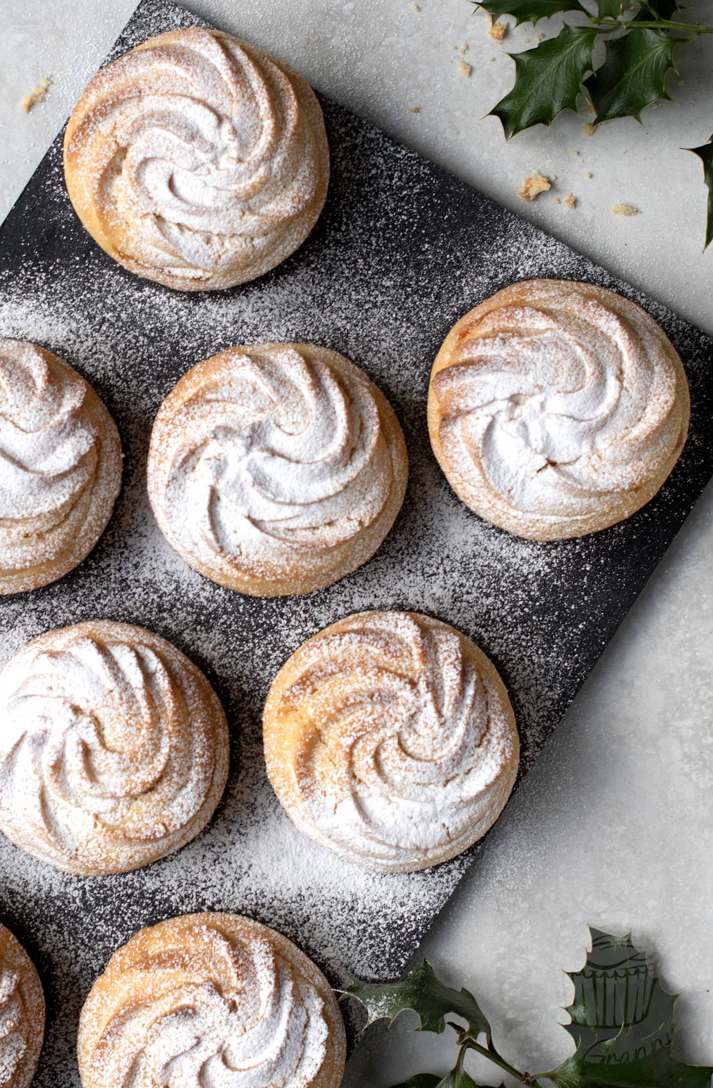 Classic mince pies, finished with a Viennese Whirl on top.