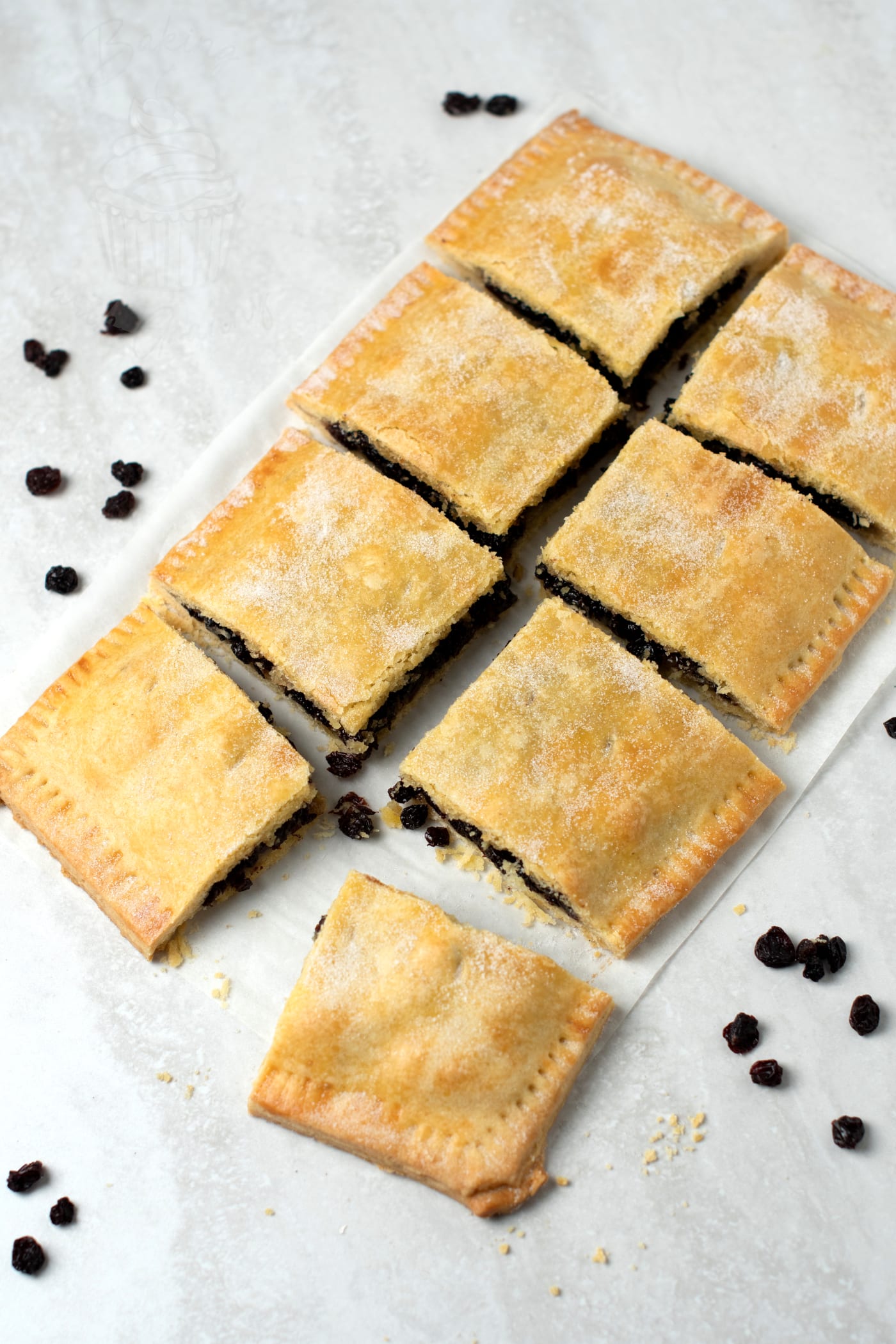 Flea Cemetery Slice recipe from Baking with Granny. Pastry slice, filled with currants and spices.