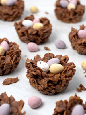 Chocolate Easter Nests recipe from Baking with Granny. Made with cornflakes, milk chocolate and mini eggs.