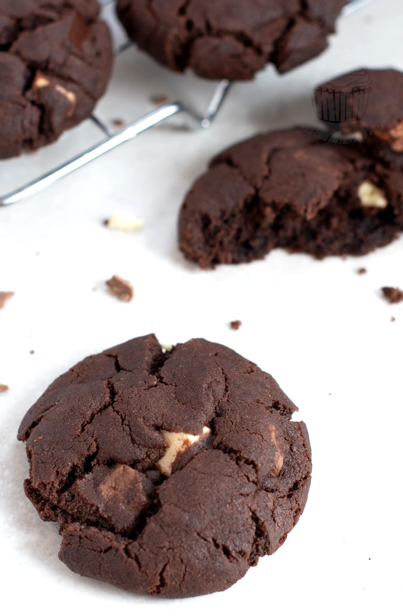 UK recipe for Triple Chocolate Cookies from Baking with Granny. three different kinds of chocolate chunks, in a sweet chocolatey biscuit.