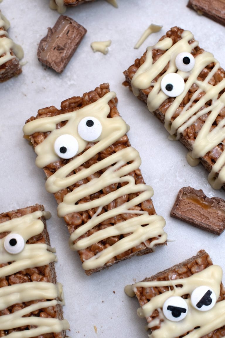 Mummy Mars Bar Slice, a Halloween twist on the classic Scottish tray bake.