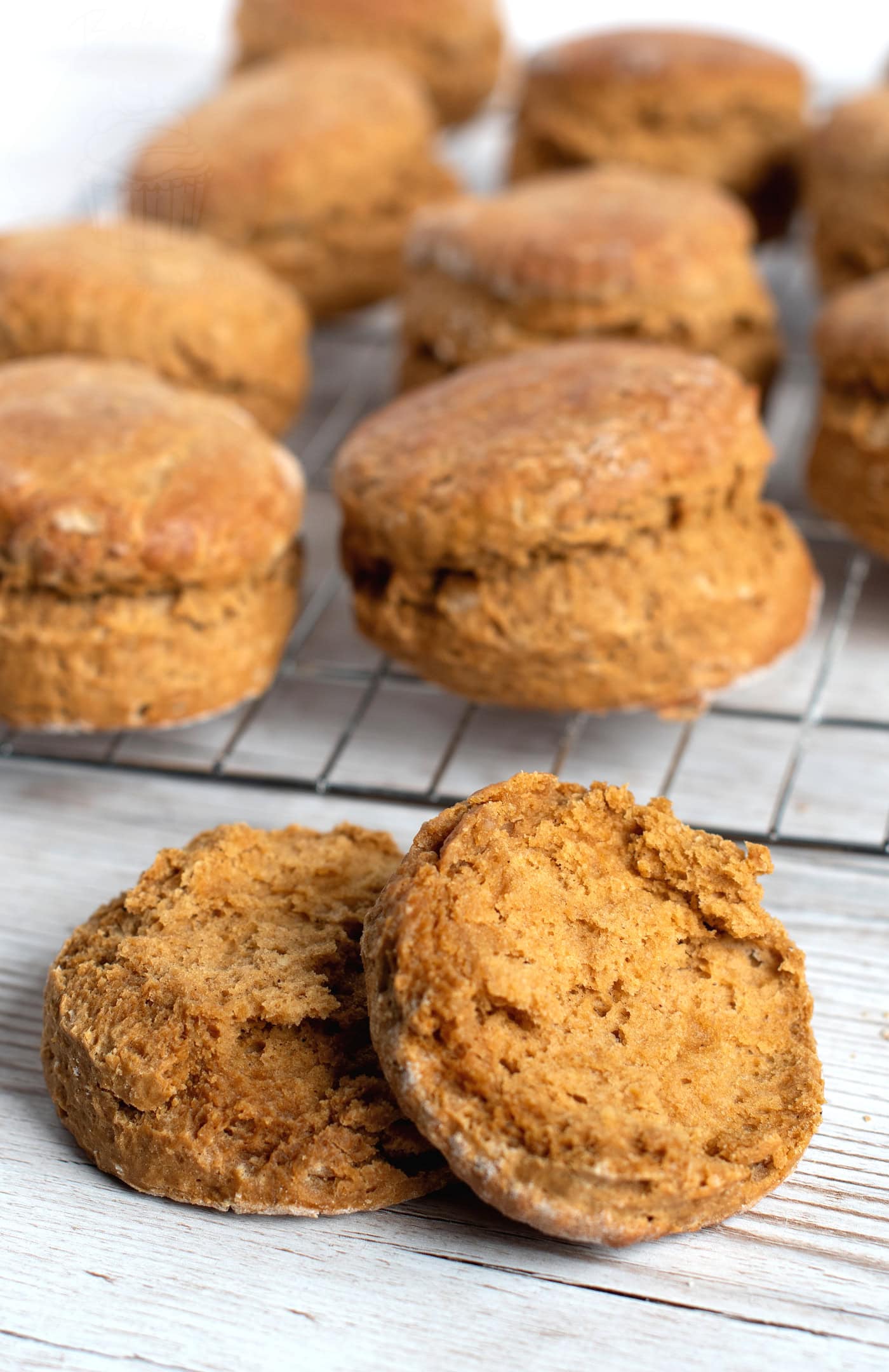 Traditional Scottish treacle scones broken open to show the soft crumb.