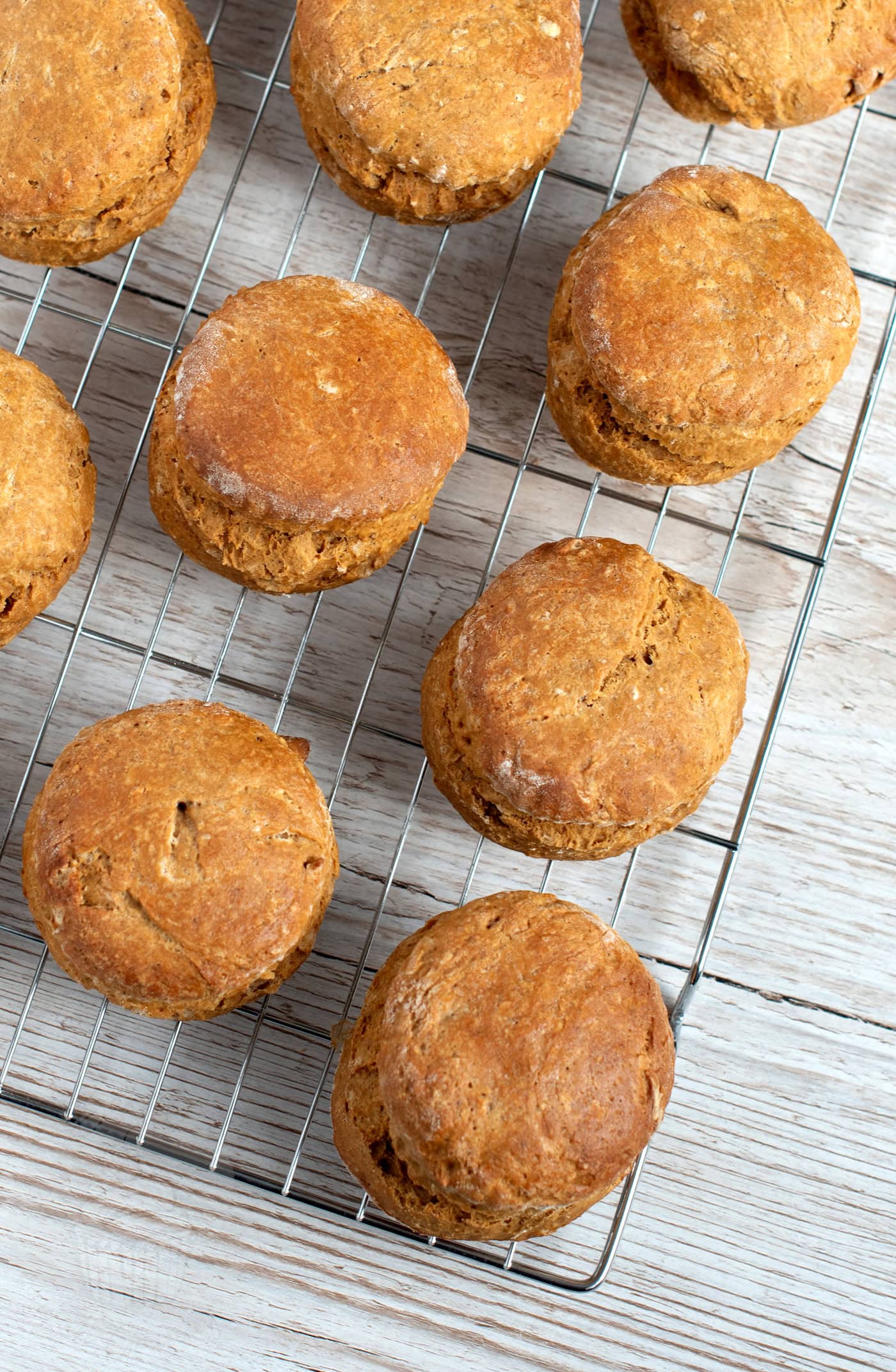 Overhead view of traditional Scottish treacle scones cooling on a rack.