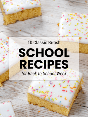 Selection of nostalgic British school bakes and puddings for Back to School.
