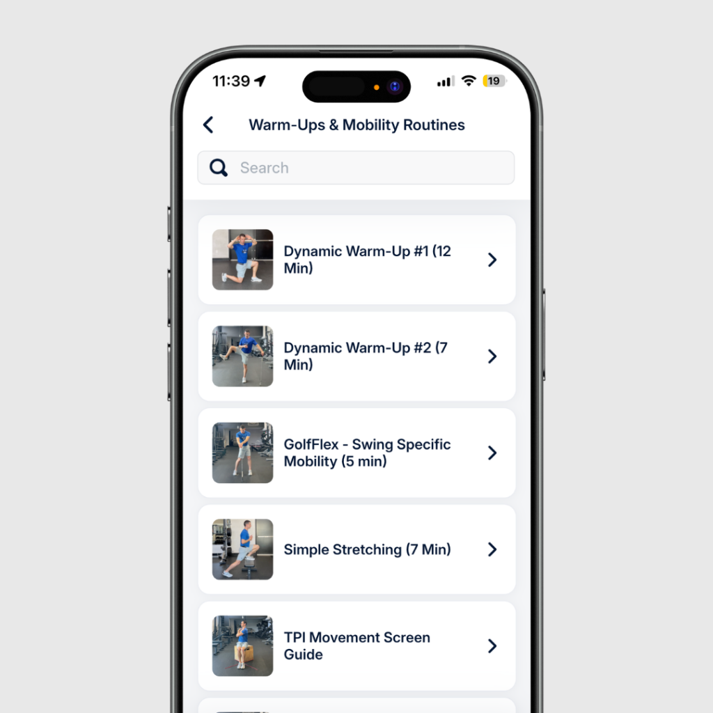 Screenshot of Golf Warm-Ups & Mobility Routines section in the Fit For Golf App showing mobility exercises for golfers