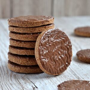 Homemade Chocolate Digestive biscuits topped with a smooth layer of milk chocolate.