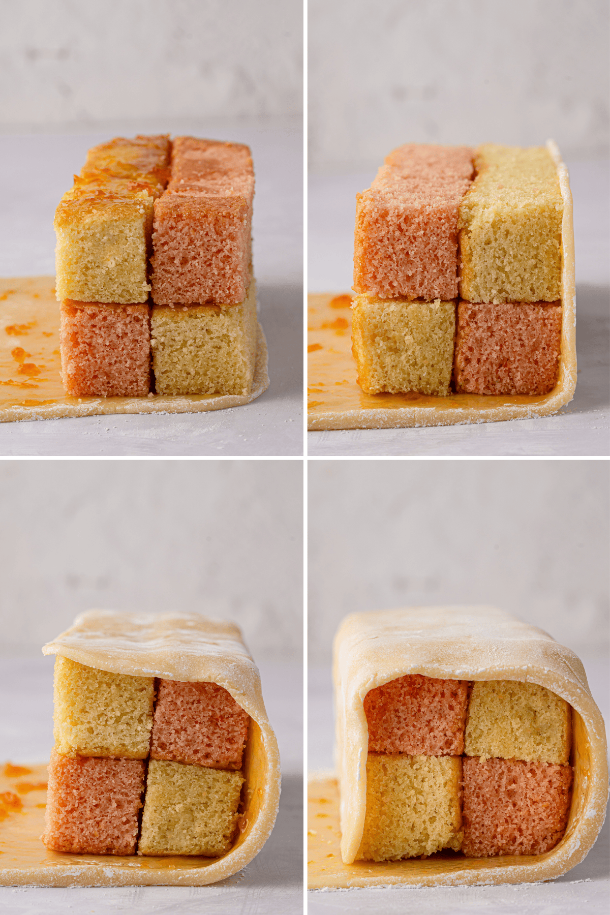 Battenberg cake being wrapped in rolled marzipan.