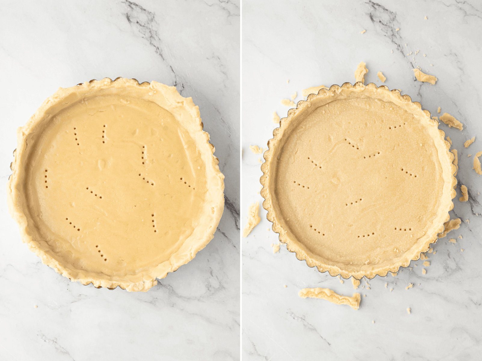 Part-baked pastry case before and after trimming the edges