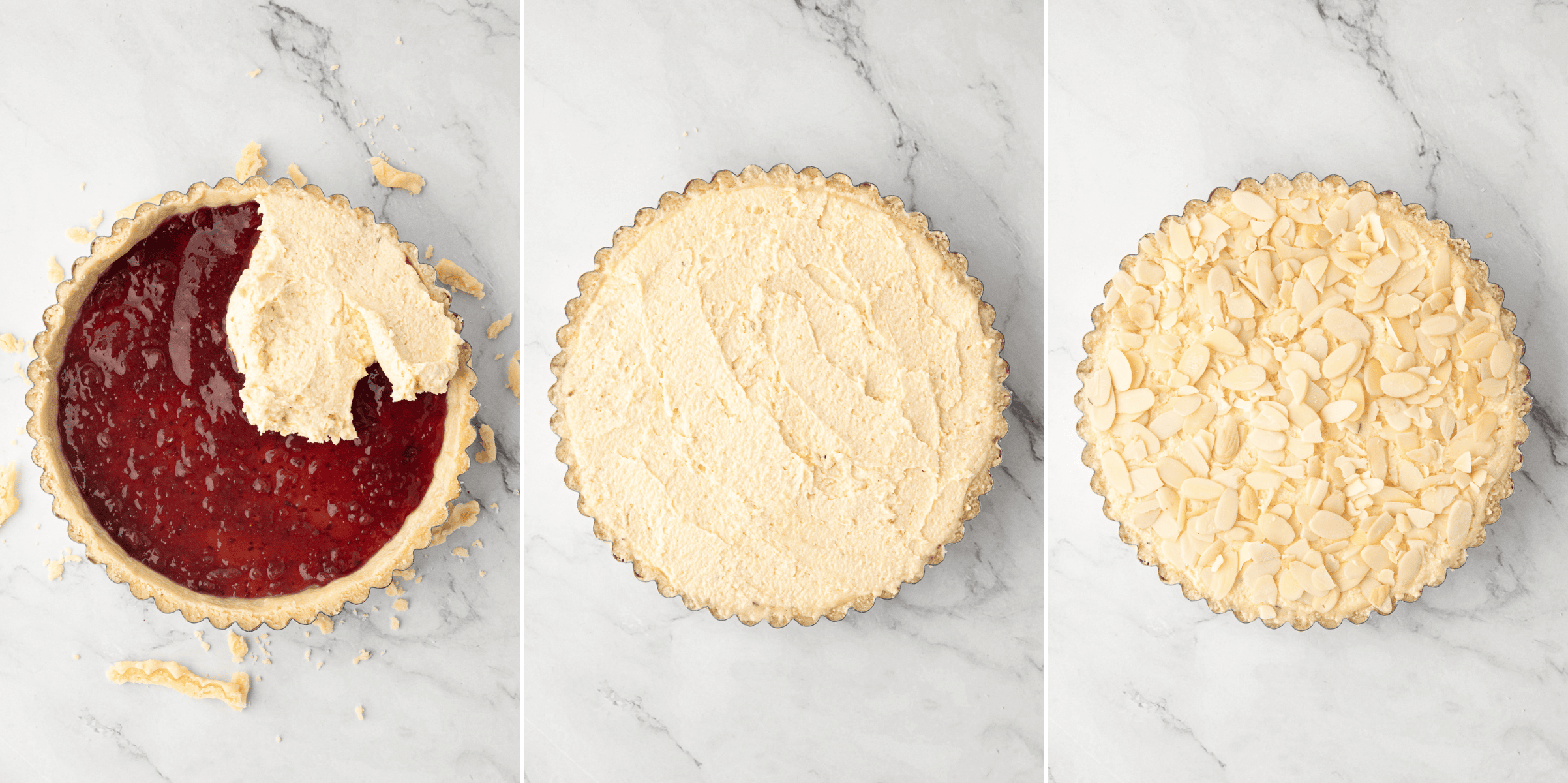 Raspberry jam, frangipane and flaked almonds being added to the pastry case